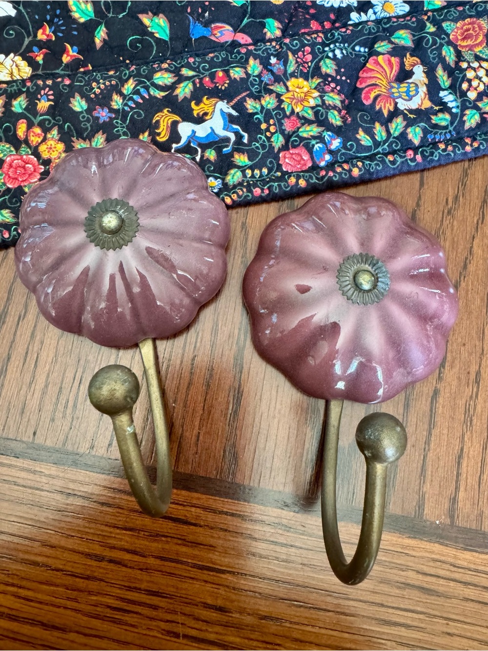 Ceramic Wall Hooks Purple Squash Blossom Brass Coat Hanger Jewelry Display - Picture 3 of 5